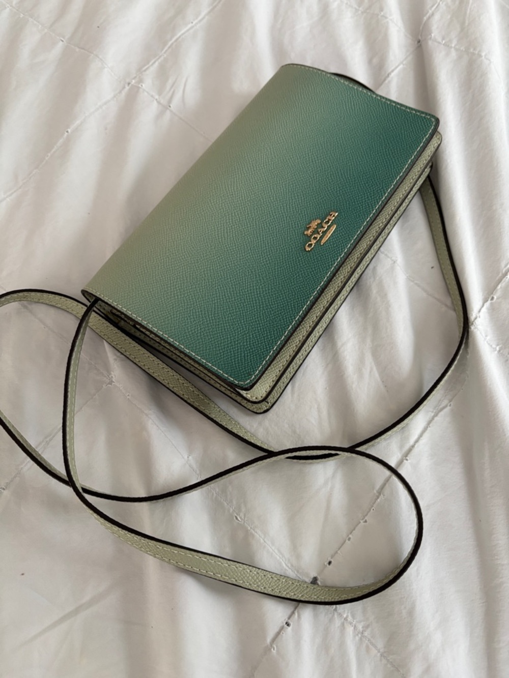 Coach Green Ombre Pebbled Leather Crossbody with Gold Logo